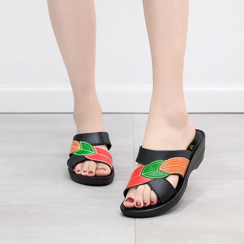 Thick Bottom Wedge Heel Sandals and Slippers Women's Outer Wear Non-slip Soft Sole Slippers Ladies Faux Oxford Leather Sandals and Slippers