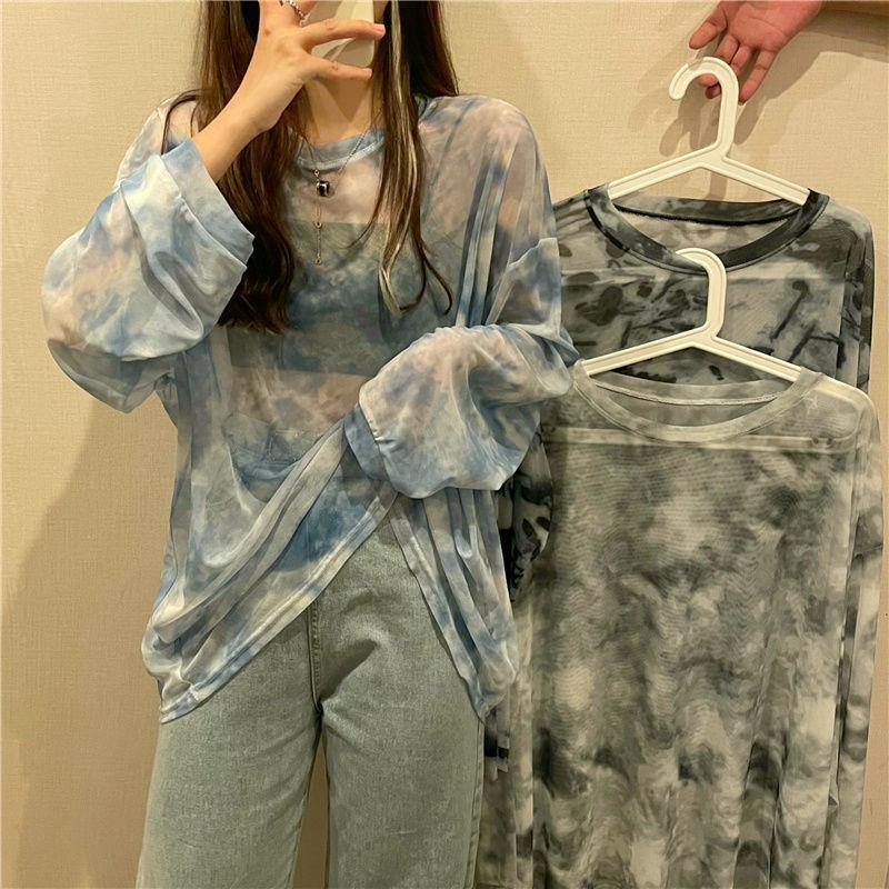 Fall Version of Tie dye Loose Simple Long-sleeved fall T-shirt Women Simple Pure color Bottoming Net yarn Blouse Tee