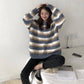 Pofulove  Wild Bottoming Sweater Winter New Loose Contrast Striped Sweater Women's Sweatshirt