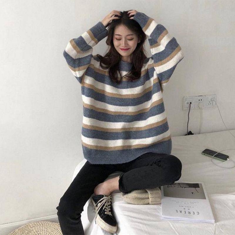 Pofulove Slim Thick Joker Bottoming Sweater Warm sweater Winter New Loose Contrast Striped Sweater