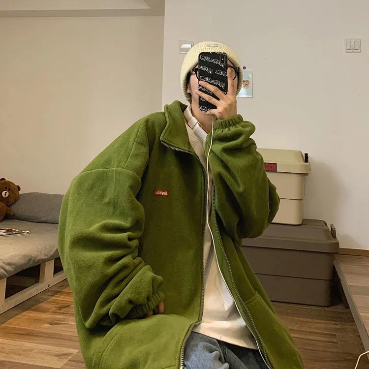 Women's Autumn and Winter Cardigan Sweater Ins Loose Korean BF Lazy Style Plus Velvet Thick Stand Collar Coat Unisex Warm Zipper Jacket