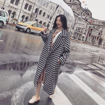 Autumn and Winter Woolen Coat Black and White Houndstooth Long Woolen Coat Over The Knee and Waist Plus Size Women's Woolen Coat