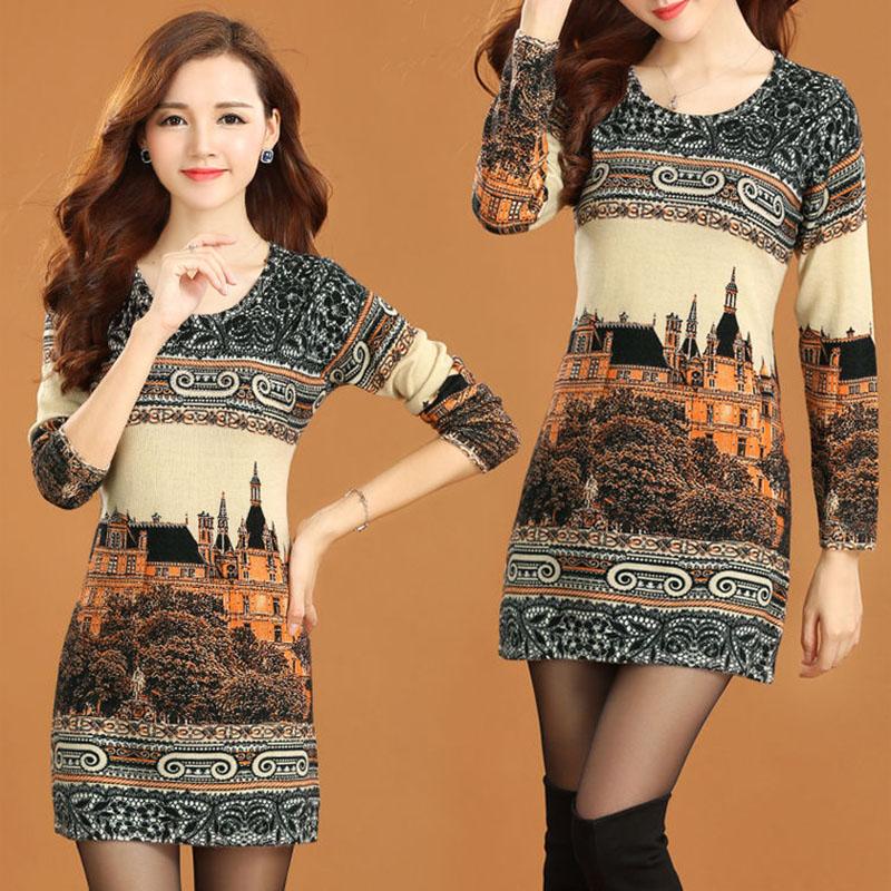 Women's Cashmere Sweater Printing Mid-length Wool Sweater  Large Size Knit Sweater Dress Female Bottoming Dress Fall Winter