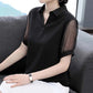 Chiffon Shirt 2022 Summer Black Short-sleeved V-neck Top Cover Belly Plus Size Women's Korean Mesh Blouses V Neck Lapel Tops Pullover Blouse Shirts