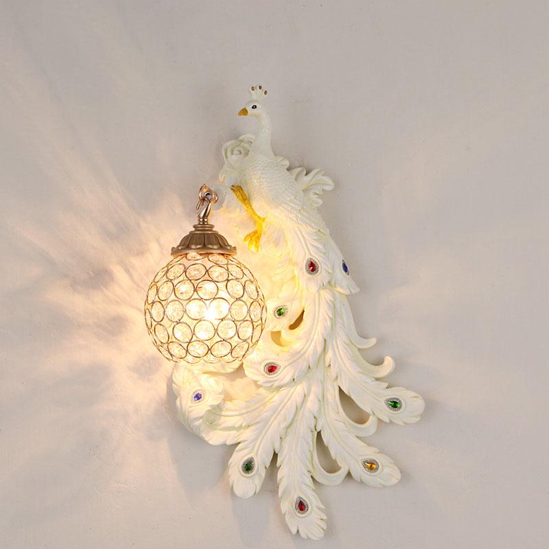 Retro peacock crystal LED wall lamp living room background bedroom bedside peacock phoenix wall lamp
