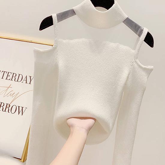 Pofulove Women Off-the-shoulder Half Turtleneck Shirt Mesh Stitched Sexy Knitwear Elastic Jumper