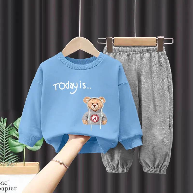 Boys Suit Spring and Autumn Cute Pullover Round Neck Long-sleeved Sweater Gray Trousers Children's Casual Girls Loose Sweater Two-piece Set