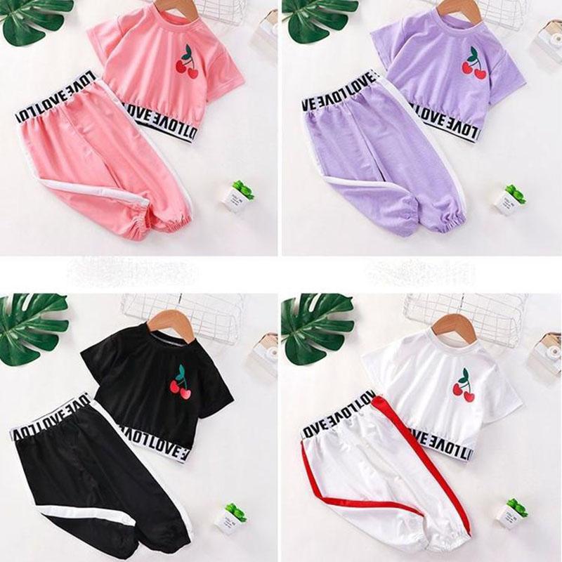 2PCS Children Clothing Set Spring Summer Girls Suits Printing Letter Cherry Short Sleeve Tops + Pants Clothing Set