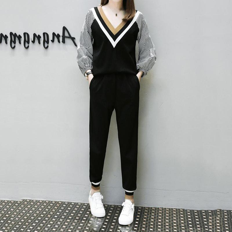 Spring and Autumn Plus Size Women's Clothing Slimming Harem Pants Two-piece Age-reducing Suit Long-sleeved V-neck Shirt + Casual Elastic Trousers