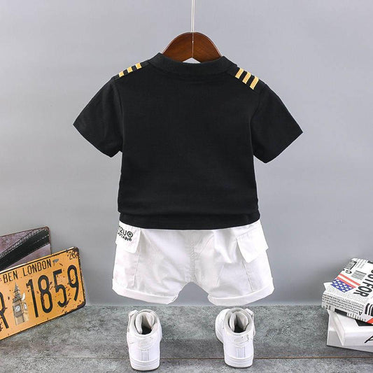 Children Clothing Summer Boy Suit Baby Short-sleeved Lapel Shorts Children's Captain Clothing Printing Epaulette Decoration Children's Two-piece Suit