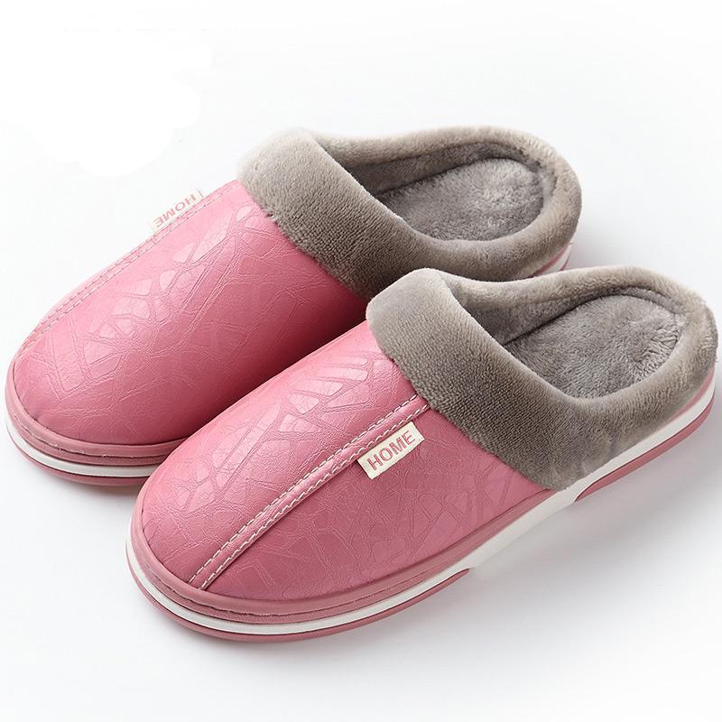 Women's Slippers Leather Winter Windproof Warm Plush Memory Foam Home Slippers for Men House Shoes Plus Size