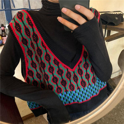 Vintage Casual Sleeveless V-Neck Knitted Sweaters Vest Female Loose Sweater Pullover Oversize