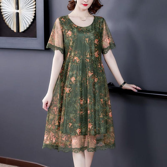 3colors L-XXXXXL Women's Summer Chiffon Lace Corner Dress Middle-aged Mother Veil Short Sleeve Round Neck Printing Mid-length Daily Wear