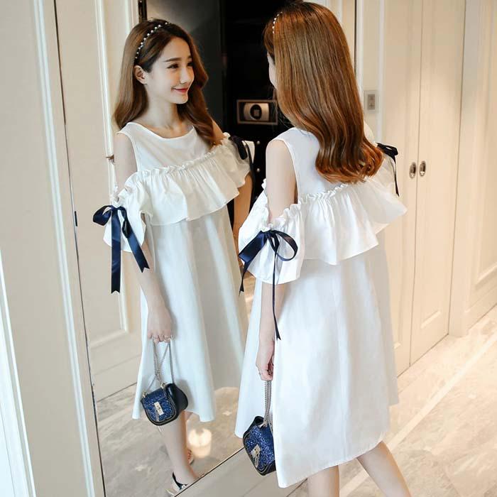 Pofulove Women Solid Color Off Shoulder Shirt Dress Office Lady Loose Thin Mid-length A-line Dress