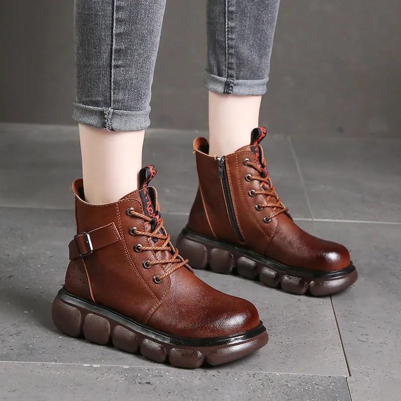 Leather Martin Boots Women's Thick-soled Short Boots Women's Autumn and Spring Leather Boots Lace and Single Boot
