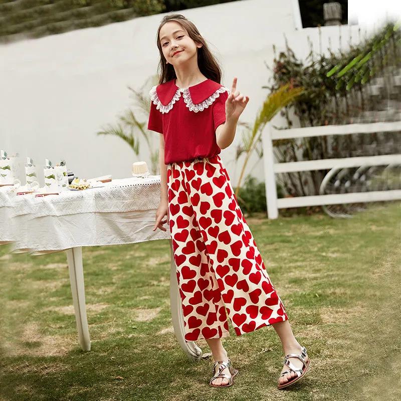 Girls' Suits Children's Two-piece Short-sleeved Wide-leg Pants Summer Big Boys and Girls Mosquito Pants Western Style