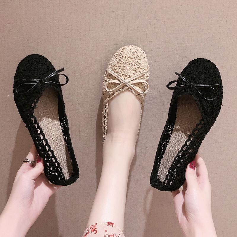 Spring Summer Women's All-match Flat-bottom Non-slip Lazy Shoes Tendon Bottom Mesh Surface Hollow Soft Sole Shoes