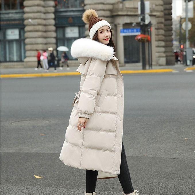 Down Jacket Women's Long Over The Knee Thick Warm Belt Fox Fur Real Fur Collar White Duck Down