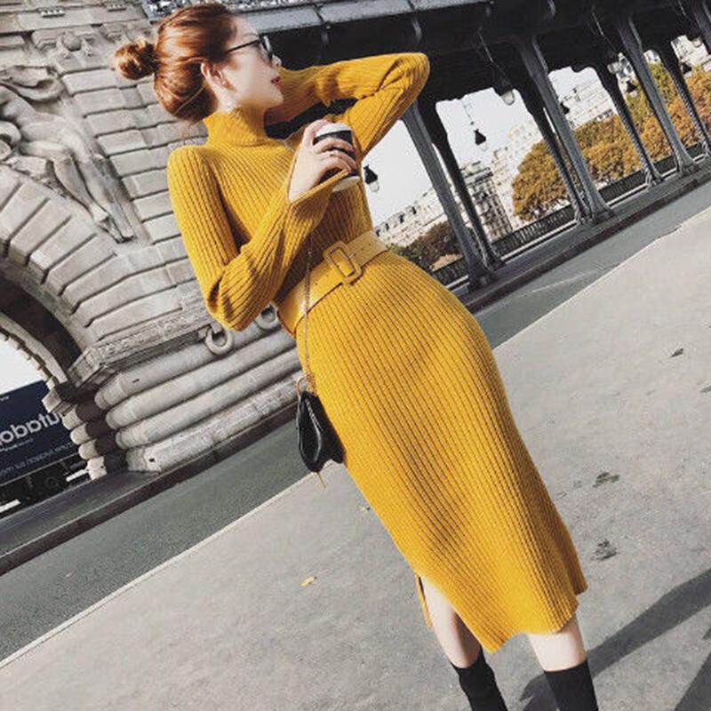 Autumn and Winter Women's Self-cultivation Solid Color Base Skirt Long-sleeved Sweater Bag Hip Skirt with A Mid-length Slim Knitted Dress