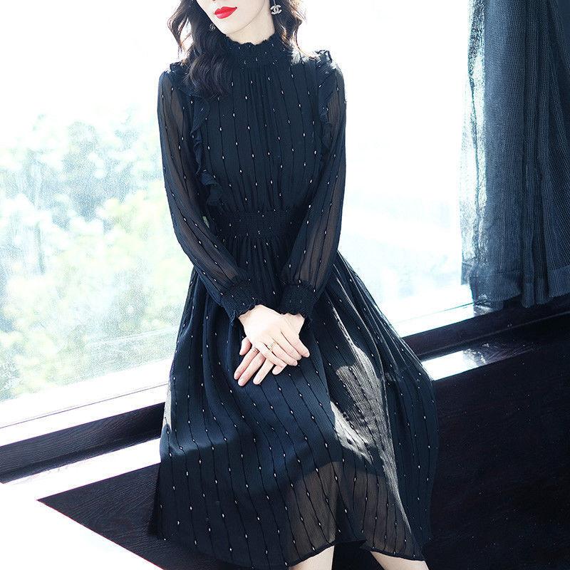 Spring Vintage Leaves Print Bohemian Dress Women Boho Chiffon Long Sleeve A Line Dress Stand-up Collar Summer Beach