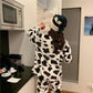Women's Autumn Winter Pajamas Set Loose Plus Velvet Cute Cow Pattern Suits Set Warm Loose Homewear Two-piece Set Long Sleeves Round Neck Pyjamas