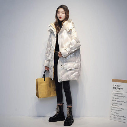 Hooded Down Jacket Women's Mid-length White Patent Leather Glossy Thick White Duck Down Winter Loose Warm Jacket Women