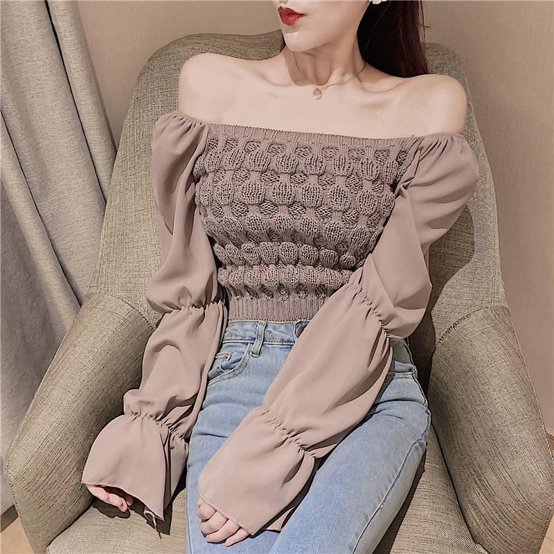 Pofulove Sexy Strapless Pullover Long-Sleeve Short Sweater Women Open Navel Slim Waist Knitwear