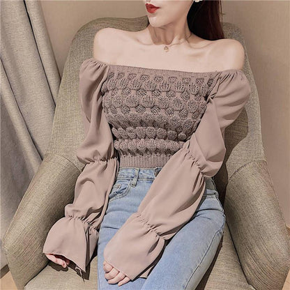 Pofulove Sexy Strapless Pullover Long-Sleeve Short Sweater Women Open Navel Slim Waist Knitwear