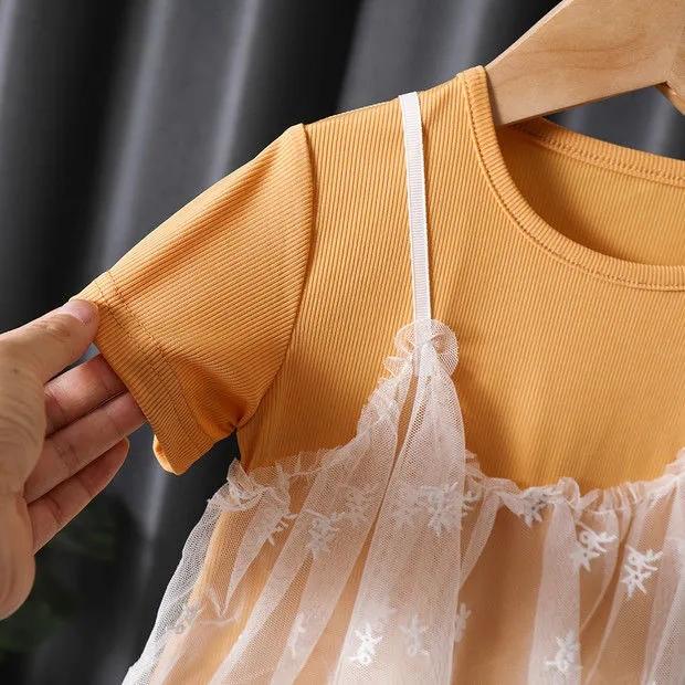 Cotton Girl Fake Two Summer T -shirts Female Baby Children's Children's Clothing Lace Wild Short Sleeve Top