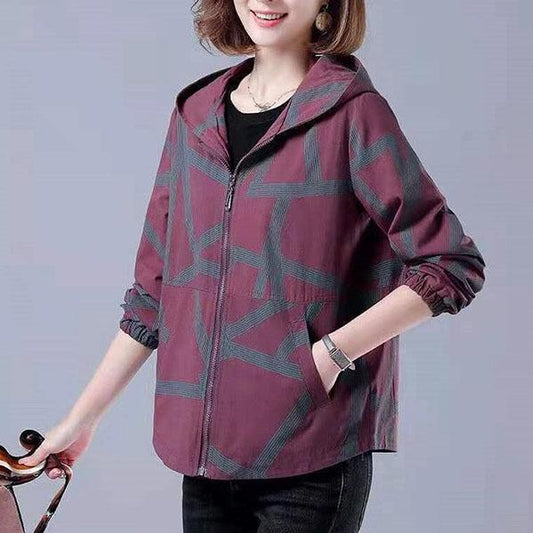Women's Spring and Autumn Large Size Short Coat Loose Printed Zipper Jacket Female Long Sleeve Casual Hooded Coats