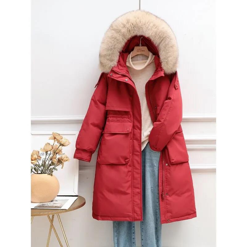 Korean Version of Winter Loose Down Jacket Women Mid-length Large Fur Collar Over-the-knee Thick Parka Jacket