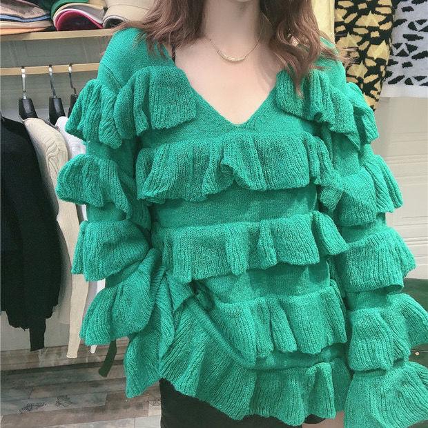 Autumn and Winter Multi-level Flared Sleeve Cake Skirt Ruffled Knitted Sweater