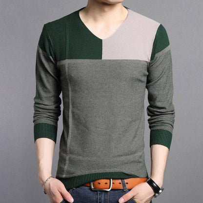 2019 Autumn Winter Warm Wool Sweaters Casual Patchwork V-neck Pullover Men Brand Slim Fit Sweater