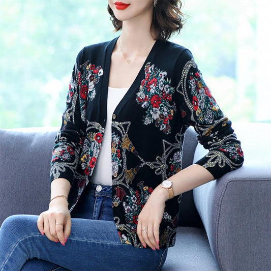 Autumn Winter New Ladies Cardigan Printed Lazy Knit Sweater Fashion V-neck Jacket Cardigan Sweater