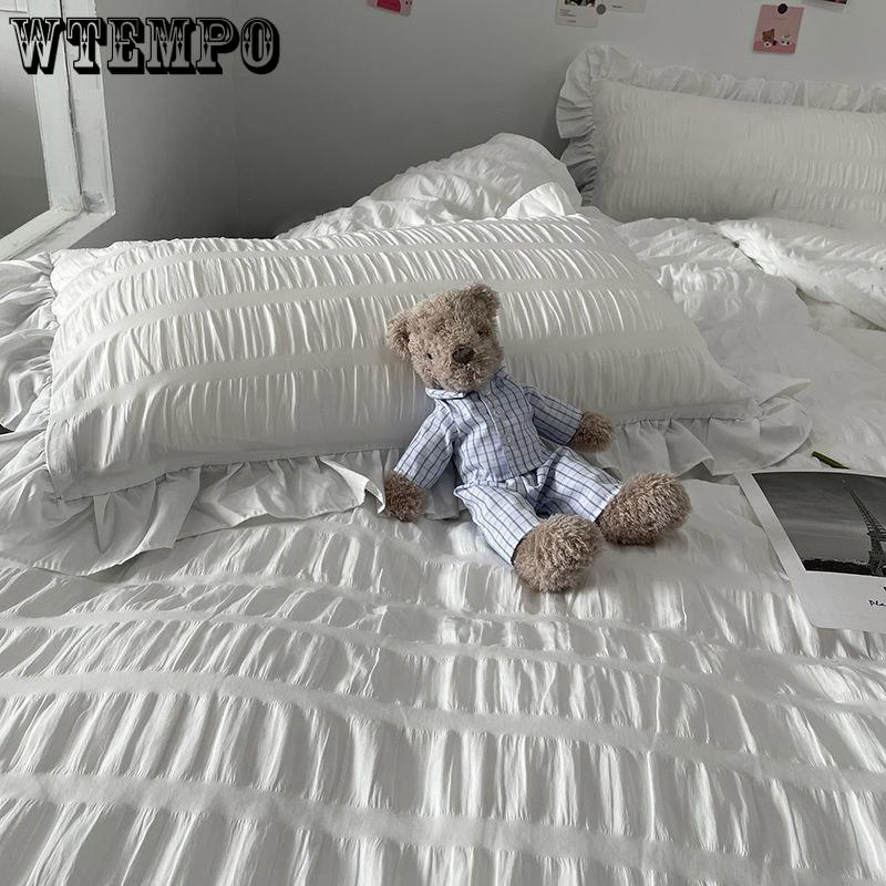 Princess Style Washed Cotton Seersucker Four-piece Solid Color Bedding Quilt Cover Sheet Four Seasons Universal