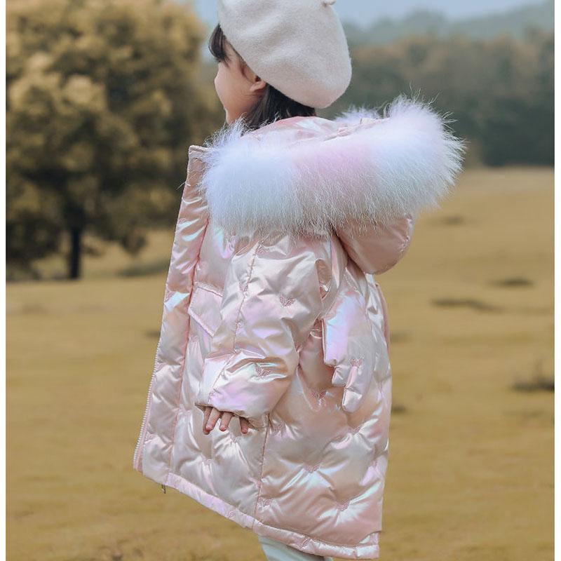 Girls' Warm and Windproof Down Jacket Children's Clothing Plus Velvet Mid-length Thickened Shiny Coat