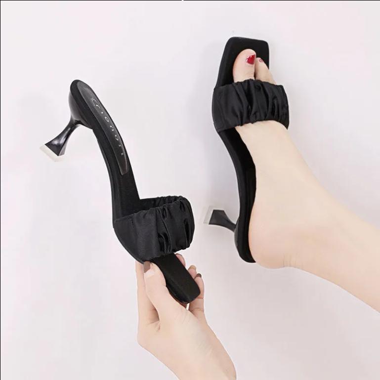 New High-heeled Shoes, Satin, Square Toe, Stiletto, Open-toe Women's Shoes for Outer Wear