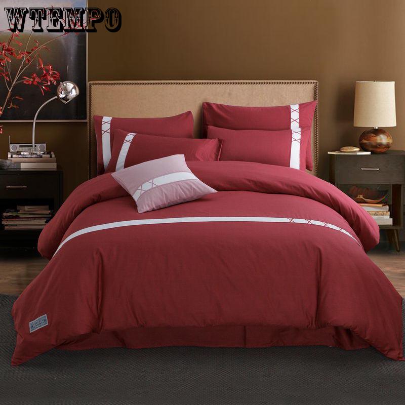 Fashion 100% Cotton Pure Color Bedding Sets Simple 4 Pcs Bedclothes Simple Quilt Cover
