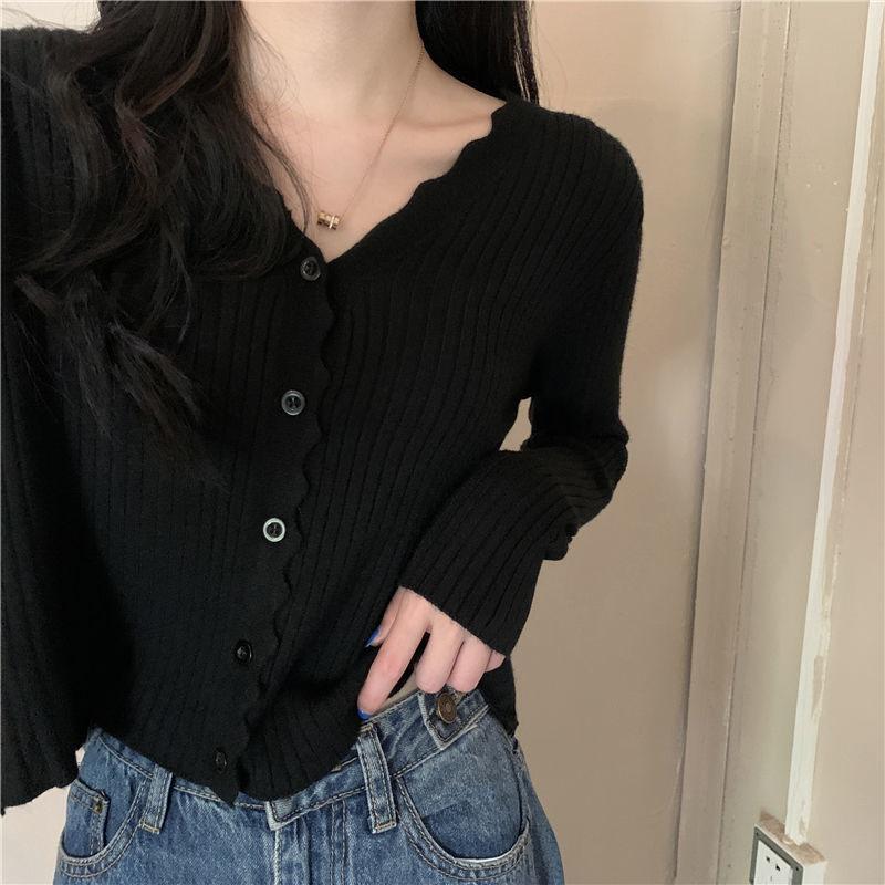 Early Autumn V-neck Sweater Long-sleeved Cardigan Sweater Small Coat All-match Female Gentle Wind Ladies Slim Pure Color Simple Top