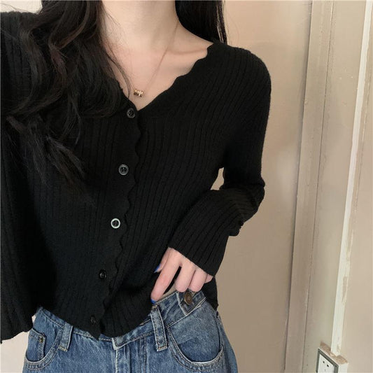 Early Autumn V-neck Sweater Long-sleeved Cardigan Sweater Small Coat All-match Female Gentle Wind Ladies Slim Pure Color Simple Top