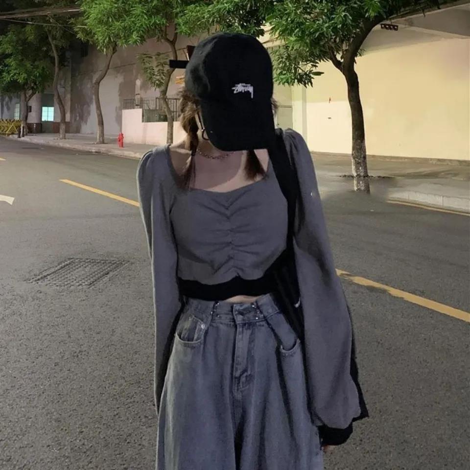 Womens Slim Thin frill pleating Splicing Tops Blouse Casual Square collar Pullover T-Shirt
