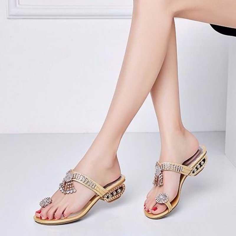 Size 34-41 Summer Women Outdoor Flat Bohemian Beach Flip Flops Wear-resistant Non-slip Office Lady Waterproof Diamond Sandals