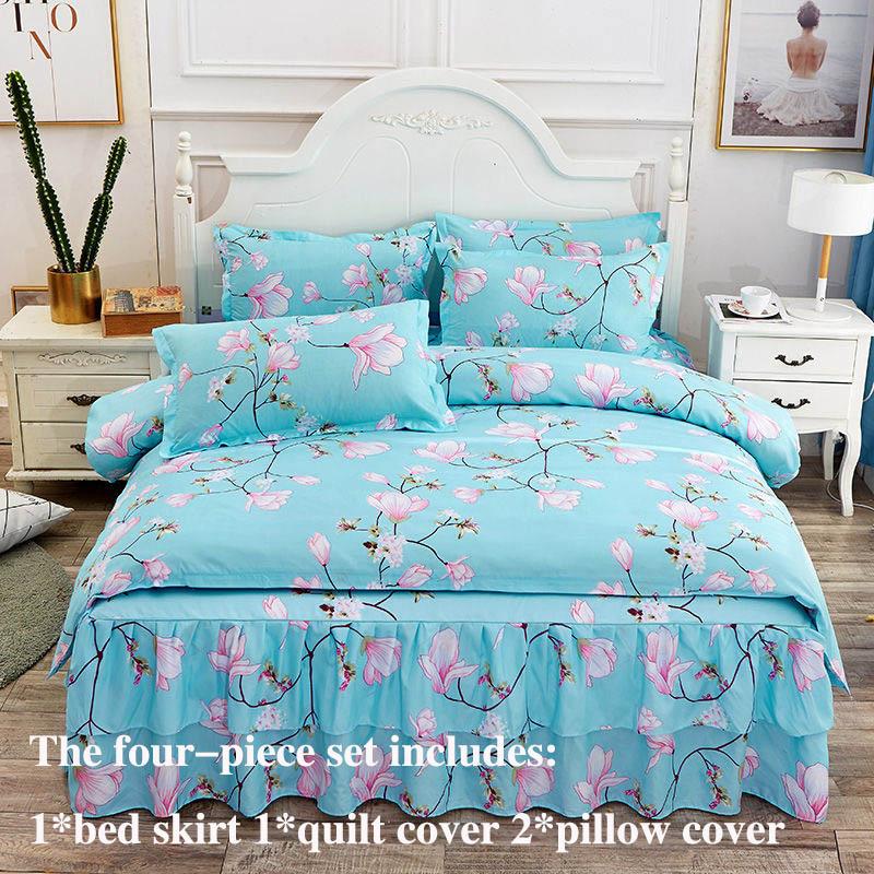 Four-piece Bed Skirt Printed Bedding Skin-friendly Sanding Quilt Cover Pillowcase Bilateral Bed Skirt Set
