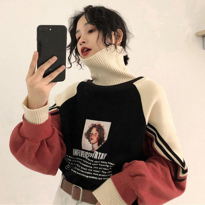 Women Sweatshirts Turtleneck Hooded Printed Knitted Collar Oversized Fashion Winter Pullover Tracksuit Plus Size Loose Casual Sportshirt Top Clothes