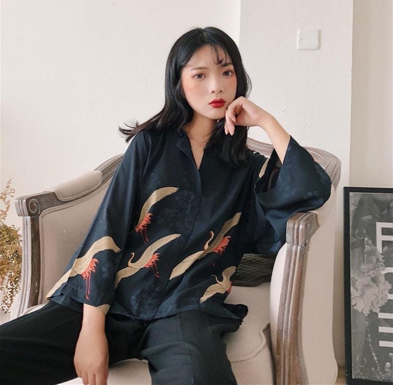 Vintage Kimono Style Japanese Cranes Classical Art Front and Back Printed Flare Sleeves Shirt Blouse Soft Wrinkle Free Cute Tunic For Her