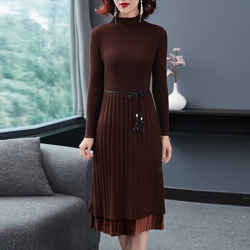 Sweater Dress Women Warm Knitted Slim Dresses Knee-length Sweater Midi Dress Elastic