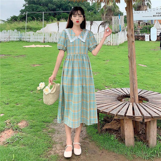 Female Lace Stitching Doll Collar Plaid Short Sleeve Holiday Dress High Waist Slim Vintage Elegant A-line Dress