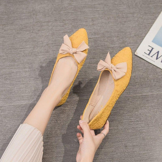 Pointed Single Shoes Women's All-match Flat Bow A Pedal Retro Leather Shoes Soft and Comfortable Non-slip Flat Leather Shoes