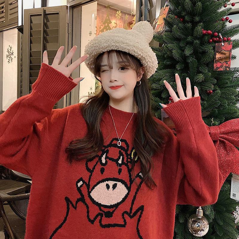 Outer Wear Printed Sweater Loose Casual Fashion Round Neck Long Sleeve Women All-match Red Knit Sweater Sweater Women Autumn Winter
