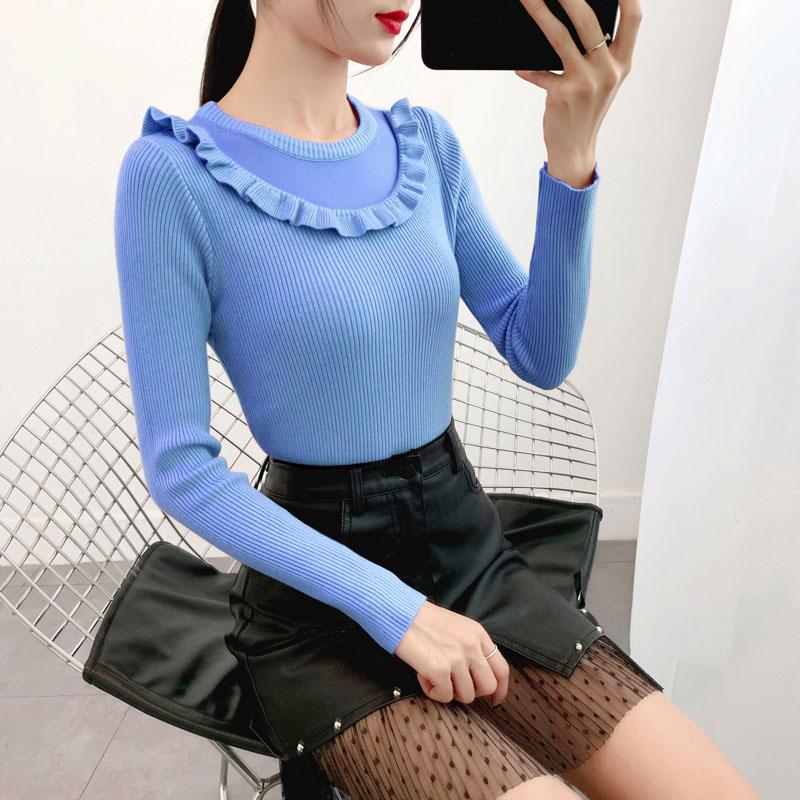 Sweater Women's Ruffled Collar Pullover Knitwear Korean Style Slim Solid Color Top Trendy Sweater Autumn and Winter Lady Style